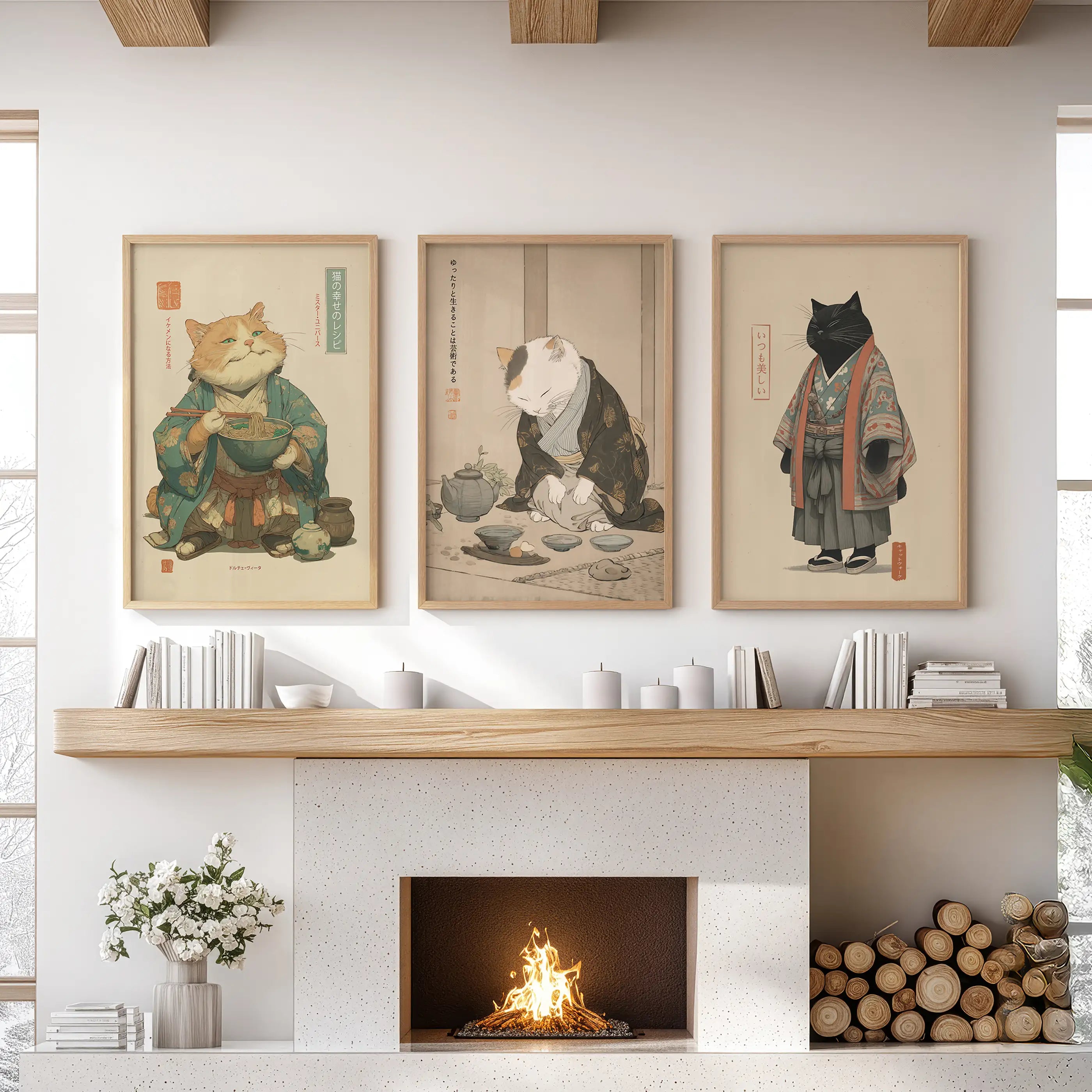Japanese Ukiyo-e Style Cat Wall Art Set of 3. Tea Ceremony