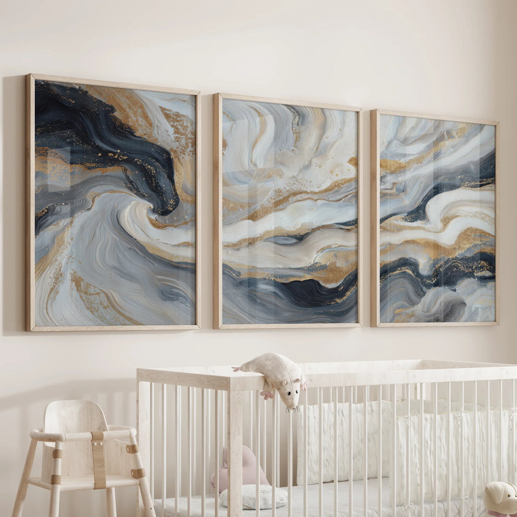 3 Piece Modern Abstract Marble Wall Art: Navy Blue and Gold