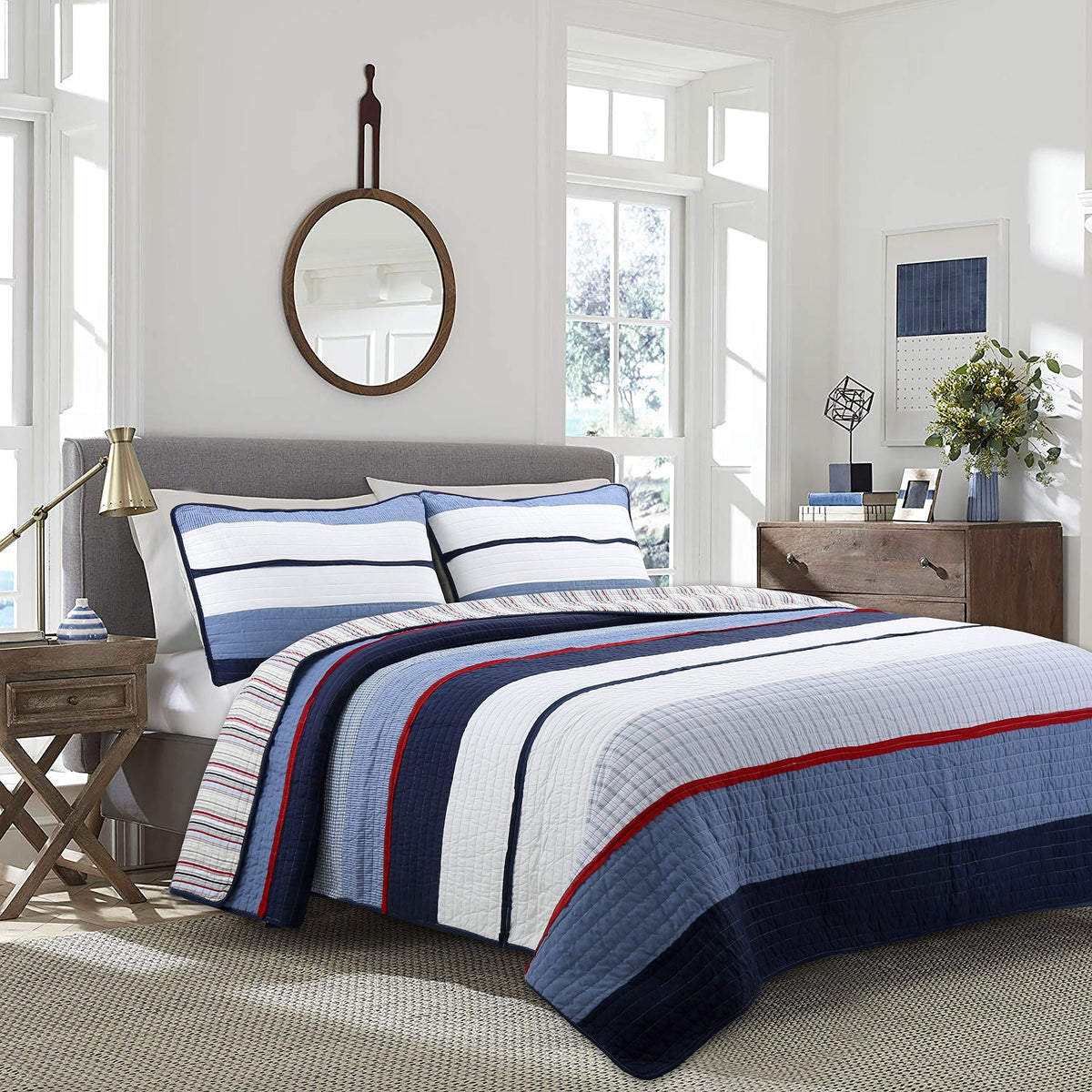 Levi Jean Stripped Denim Blues Cotton Reversible Quilt Bedding Set - Fabs things