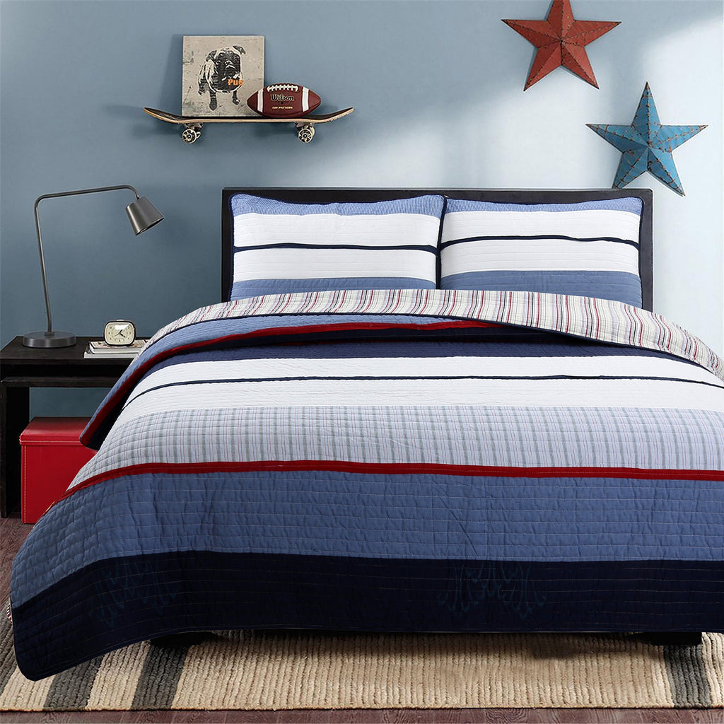 Levi Jean Stripped Denim Blues Cotton Reversible Quilt Bedding Set - Fabs things