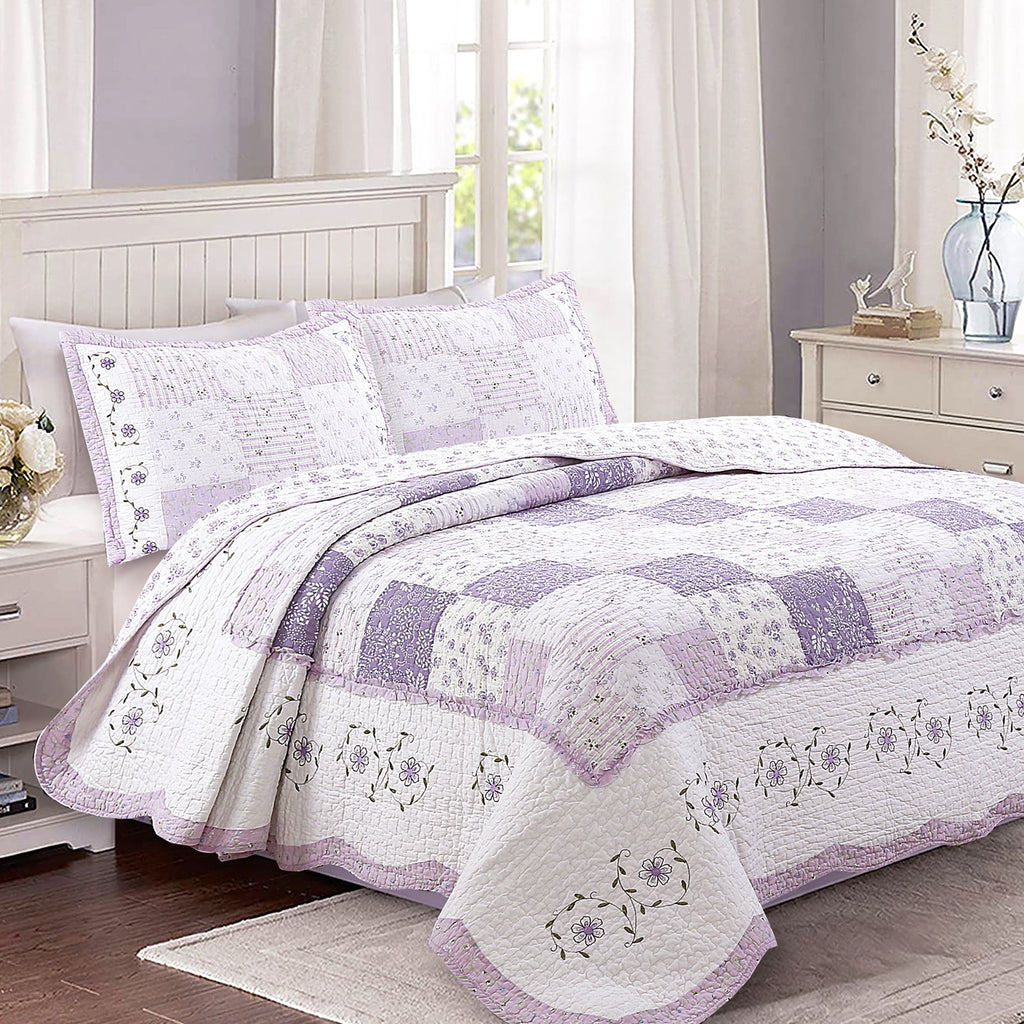 Love of Lilac Lavender Floral Real Patchwork Purple Scalloped Cotton 3-Piece Reversible Quilt Bedding Set - Fabs things