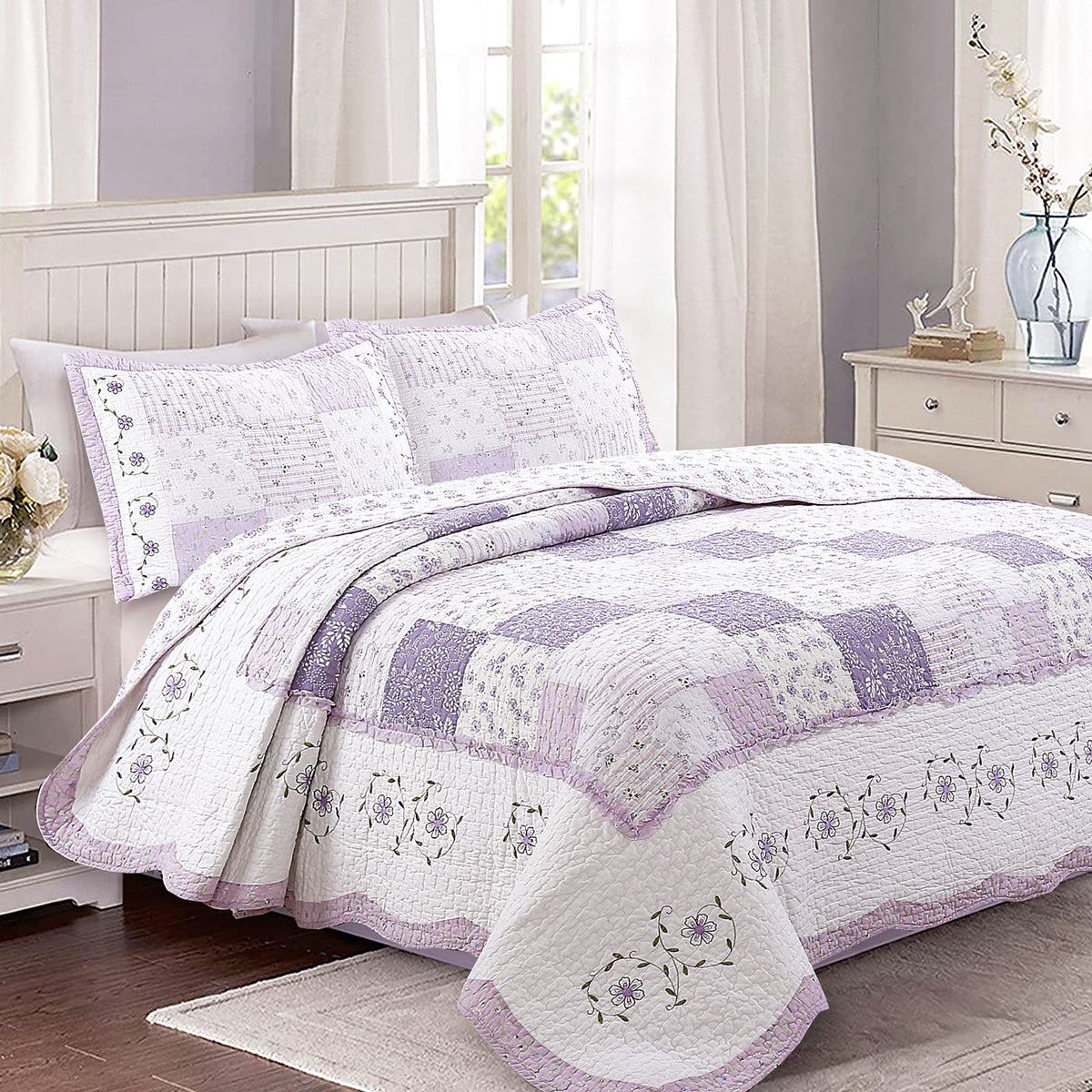Love of Lilac Lavender Floral Real Patchwork Purple Scalloped Cotton 3-Piece Reversible Quilt Bedding Set - Fabs things