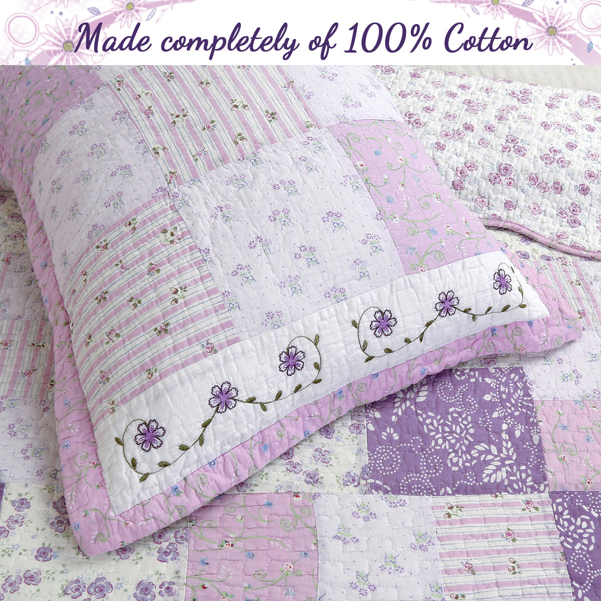 Love of Lilac Lavender Floral Real Patchwork Purple Scalloped Cotton 3-Piece Reversible Quilt Bedding Set - Fabs things