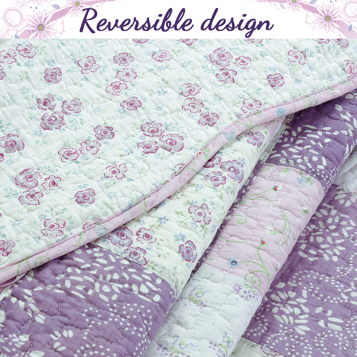 Love of Lilac Lavender Floral Real Patchwork Purple Scalloped Cotton 3-Piece Reversible Quilt Bedding Set - Fabs things