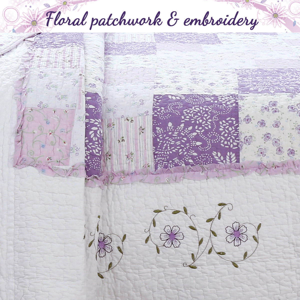 Love of Lilac Lavender Floral Real Patchwork Purple Scalloped Cotton 3-Piece Reversible Quilt Bedding Set - Fabs things