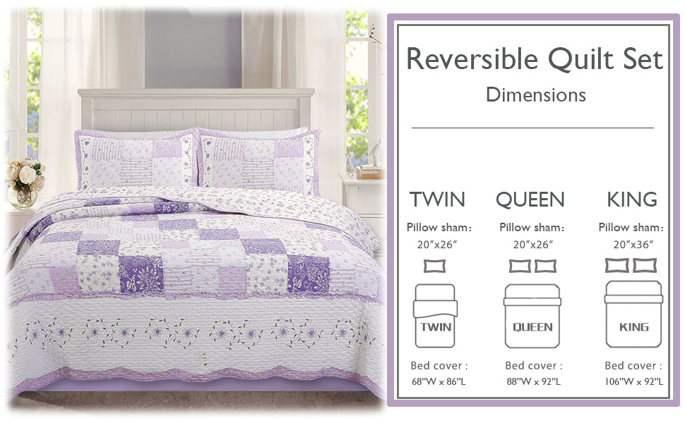 Love of Lilac Lavender Floral Real Patchwork Purple Scalloped Cotton 3-Piece Reversible Quilt Bedding Set - Fabs things