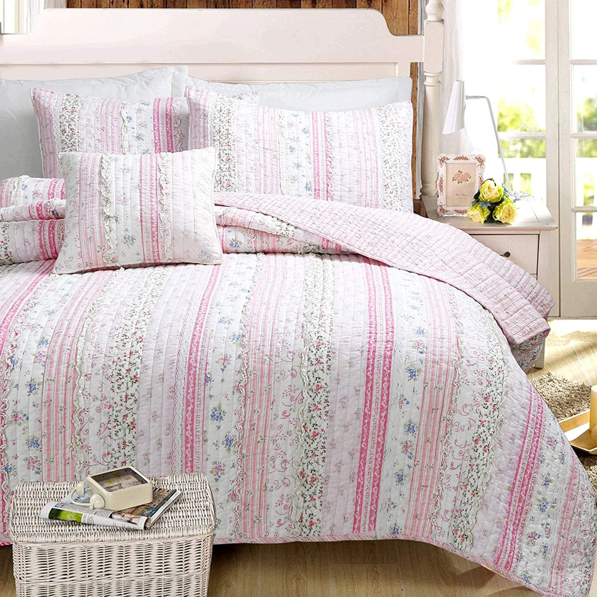 Romantic Chic Lace Ruffle Pink Real Patchwork Cotton Reversible Quilt Bedding Set - Fabs things