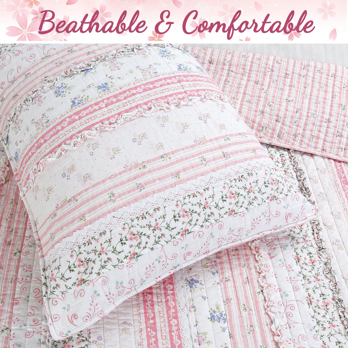 Romantic Chic Lace Ruffle Pink Real Patchwork Cotton Reversible Quilt Bedding Set - Fabs things