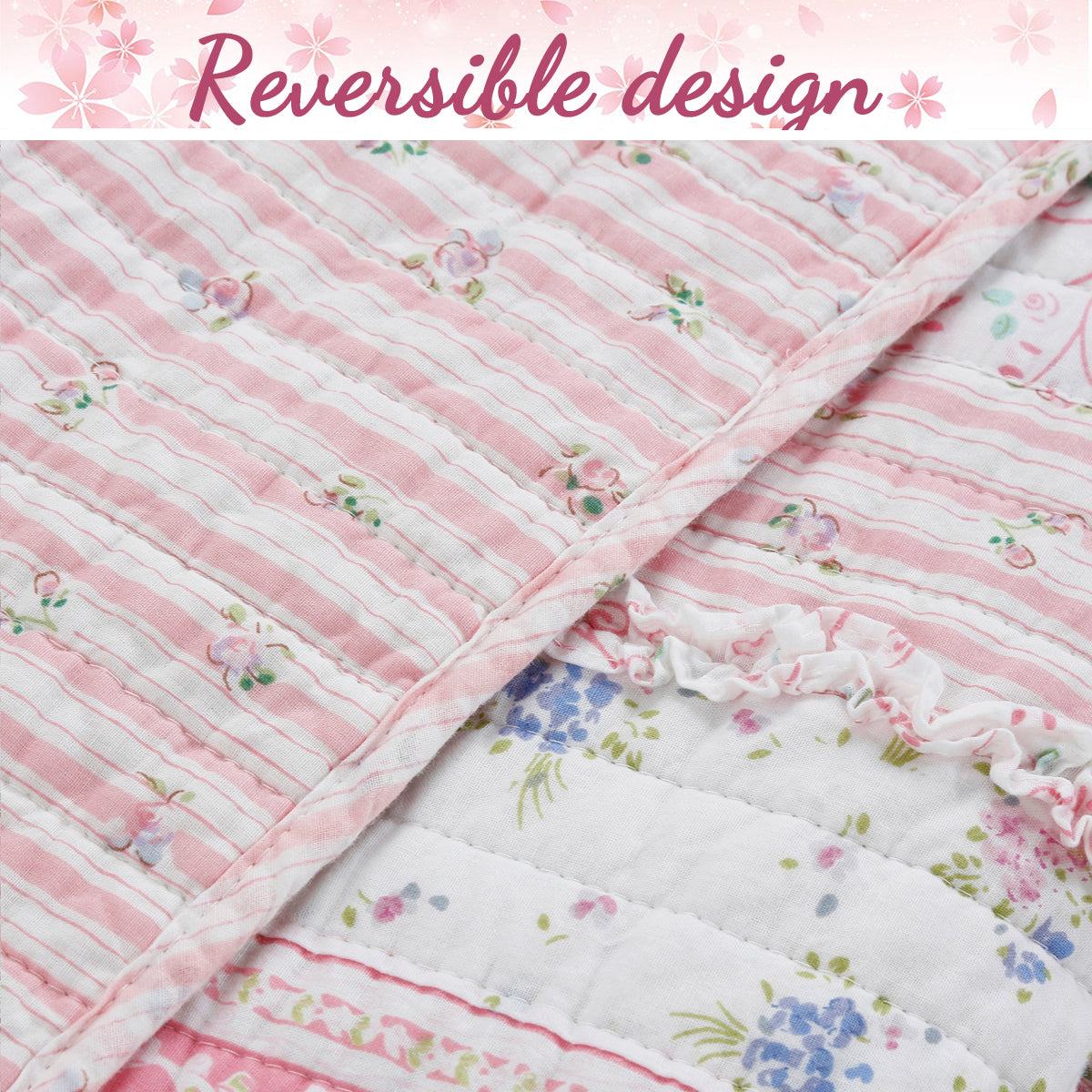Romantic Chic Lace Ruffle Pink Real Patchwork Cotton Reversible Quilt Bedding Set - Fabs things