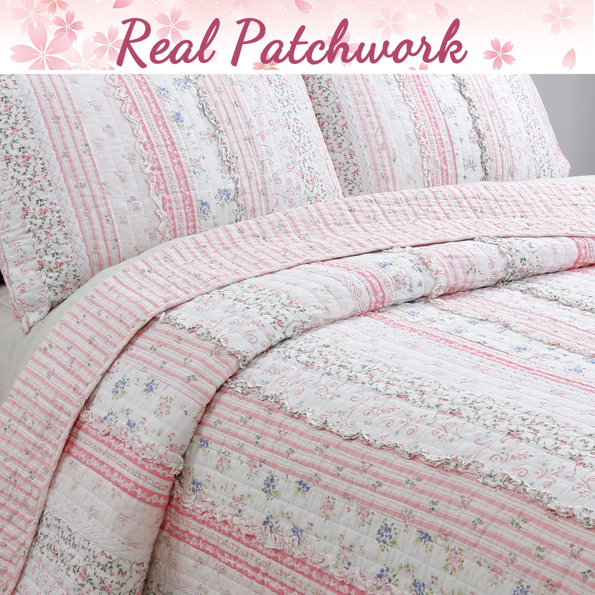 Romantic Chic Lace Ruffle Pink Real Patchwork Cotton Reversible Quilt Bedding Set - Fabs things