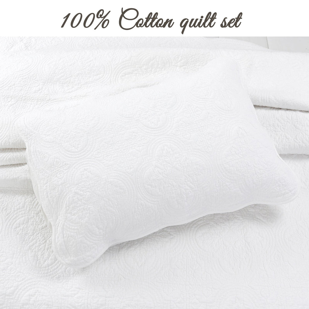 Serenity White Victorian Scalloped Medallion Floral Pure Solid Cotton Reversible Quilt Bedding Set - Fabs things