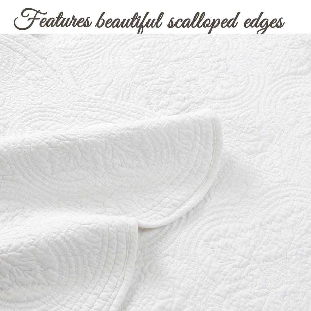 Serenity White Victorian Scalloped Medallion Floral Pure Solid Cotton Reversible Quilt Bedding Set - Fabs things