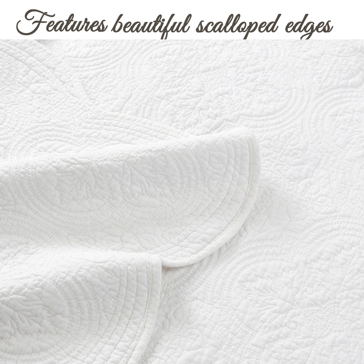 Serenity White Victorian Scalloped Medallion Floral Pure Solid Cotton Reversible Quilt Bedding Set - Fabs things