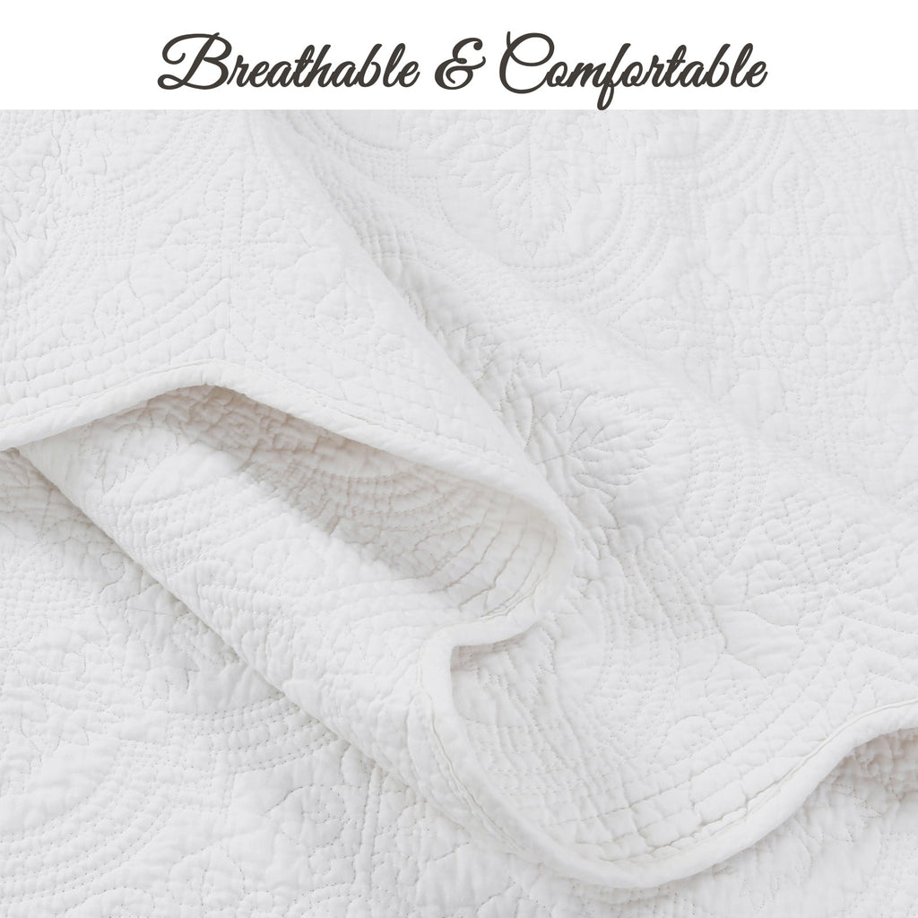Serenity White Victorian Scalloped Medallion Floral Pure Solid Cotton Reversible Quilt Bedding Set - Fabs things