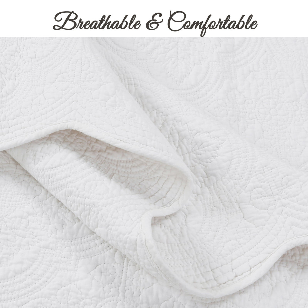 Serenity White Victorian Scalloped Medallion Floral Pure Solid Cotton Reversible Quilt Bedding Set - Fabs things