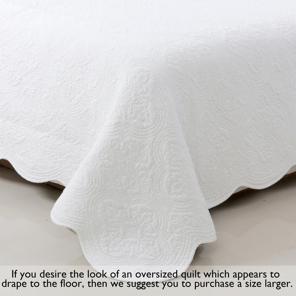 Serenity White Victorian Scalloped Medallion Floral Pure Solid Cotton Reversible Quilt Bedding Set - Fabs things