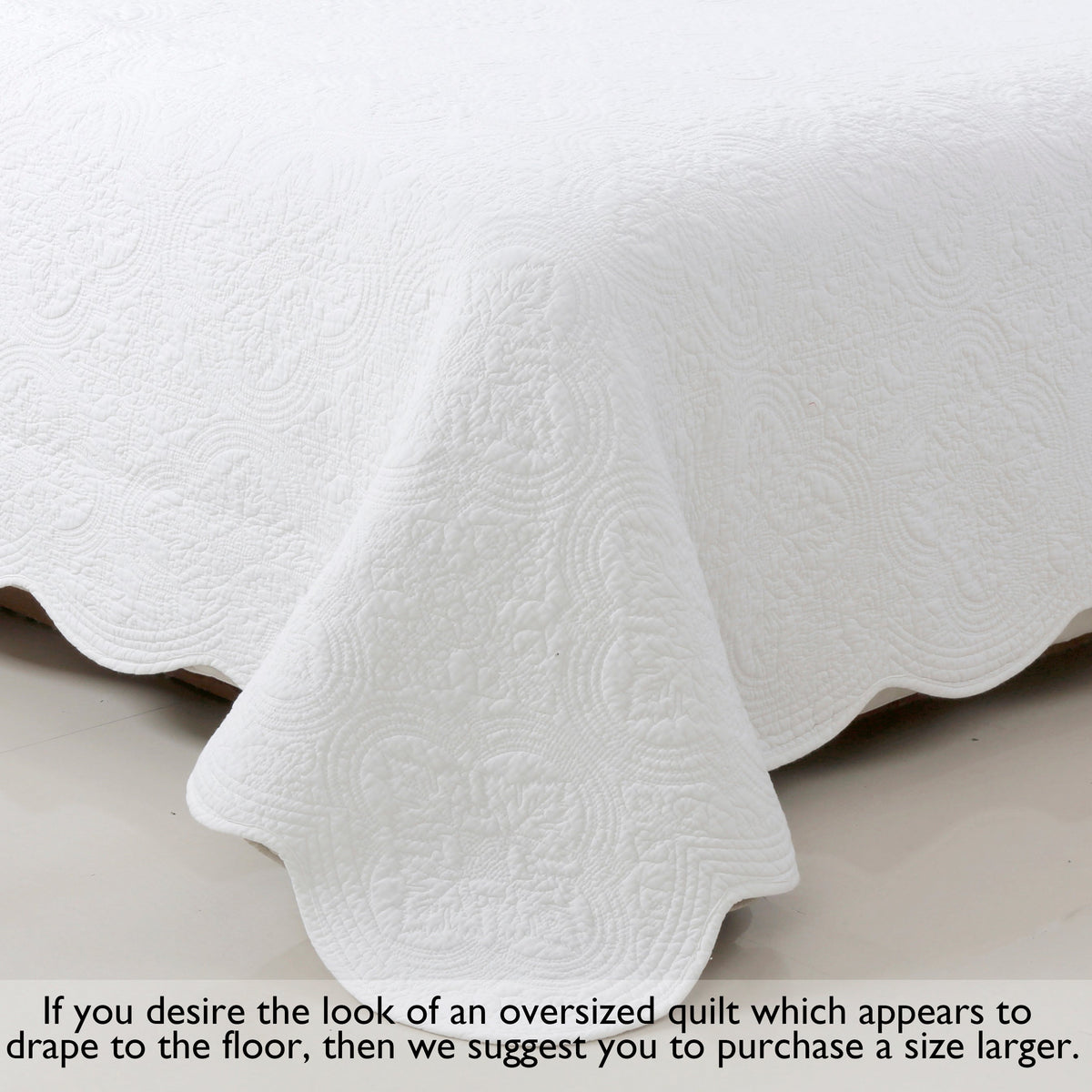 Serenity White Victorian Scalloped Medallion Floral Pure Solid Cotton Reversible Quilt Bedding Set - Fabs things