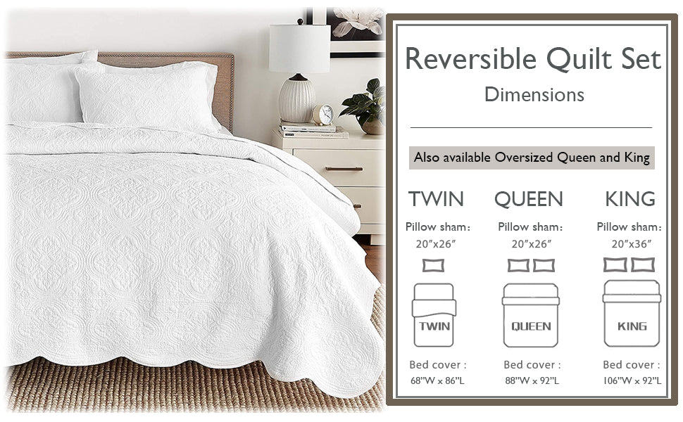 Serenity White Victorian Scalloped Medallion Floral Pure Solid Cotton Reversible Quilt Bedding Set - Fabs things