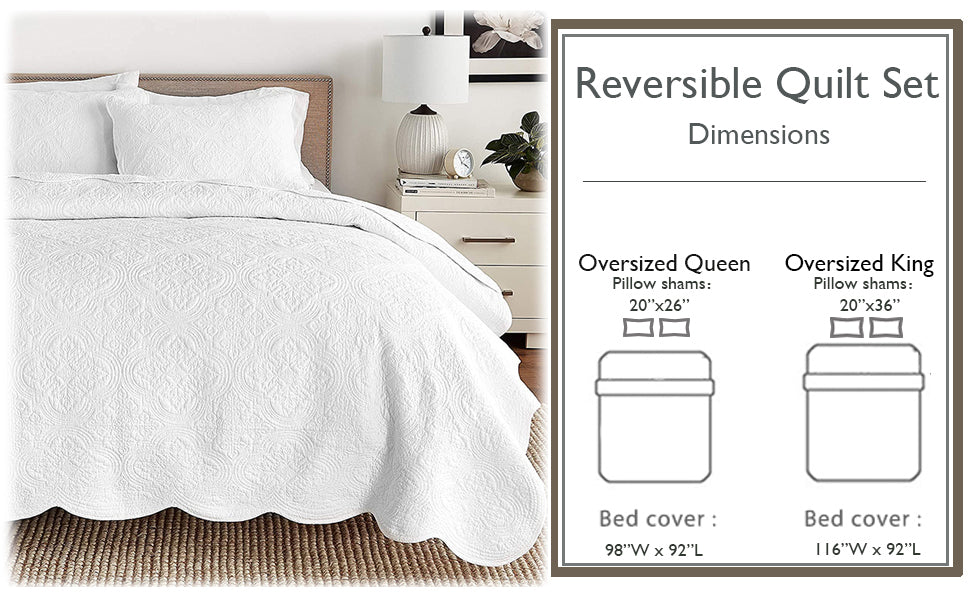 Serenity White Victorian Scalloped Medallion Floral Pure Solid Cotton Reversible Quilt Bedding Set - Fabs things