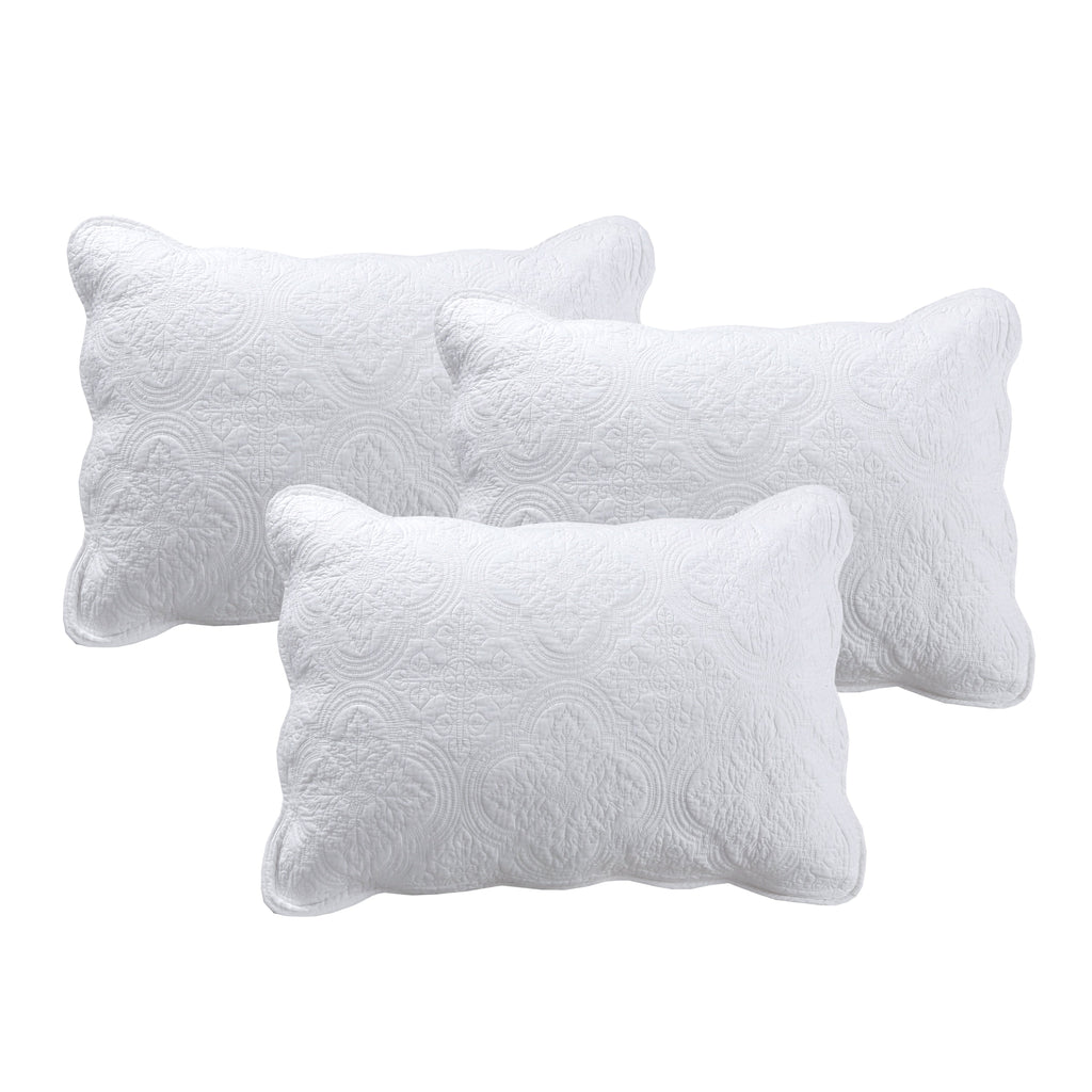 Serenity White Victorian Scalloped Medallion Floral Pure Solid Cotton Reversible Quilt Bedding Set - Fabs things