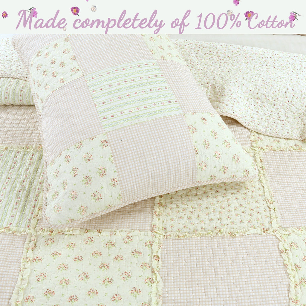 Sweet Peach Pink Floral Ruffle Scalloped Real Patchwork Cotton Reversible Quilt Bedding Set - Fabs things
