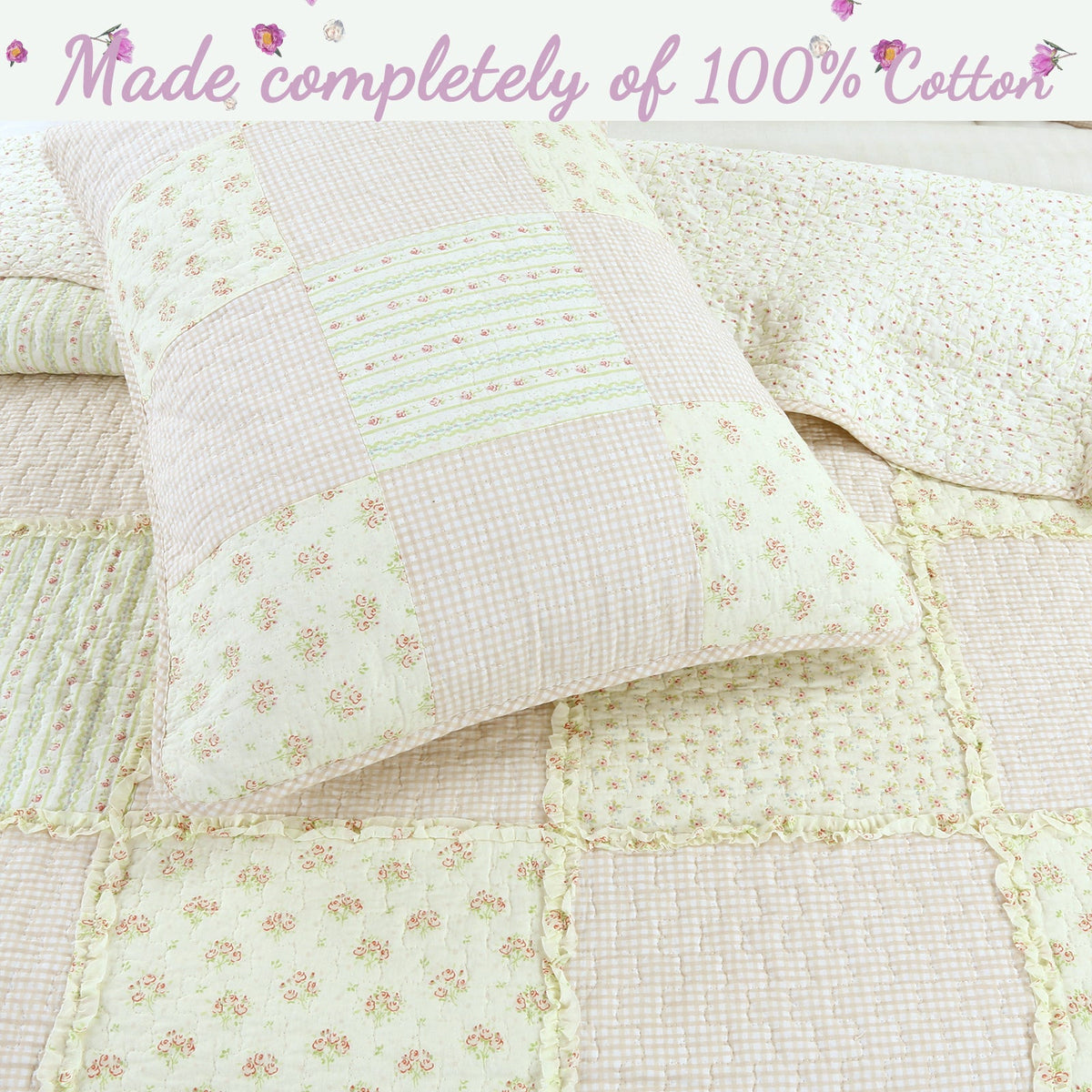 Sweet Peach Pink Floral Ruffle Scalloped Real Patchwork Cotton Reversible Quilt Bedding Set - Fabs things