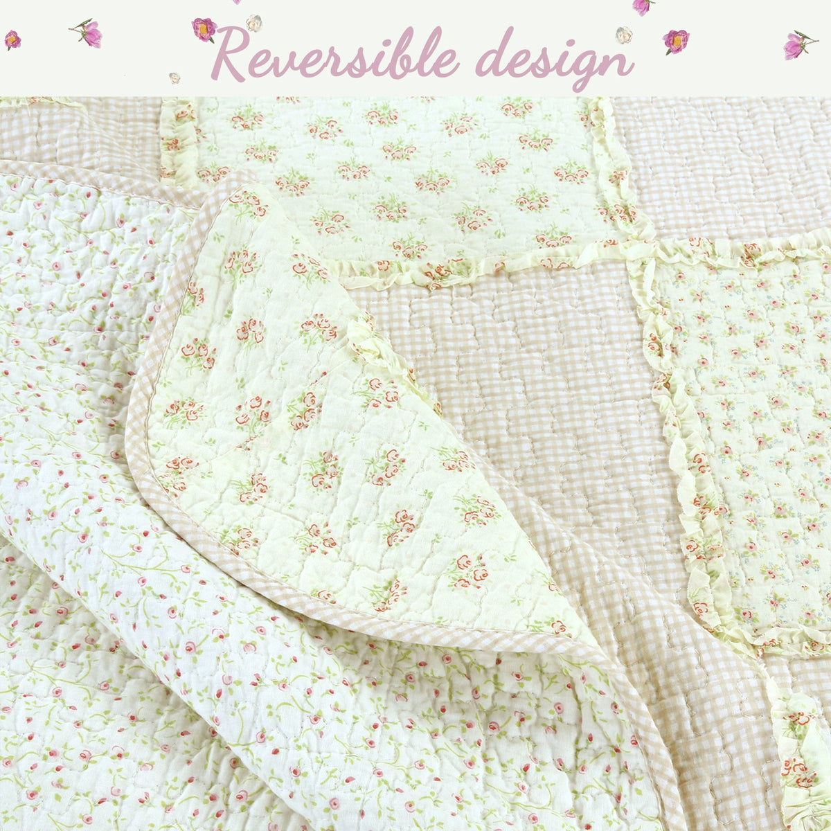 Sweet Peach Pink Floral Ruffle Scalloped Real Patchwork Cotton Reversible Quilt Bedding Set - Fabs things