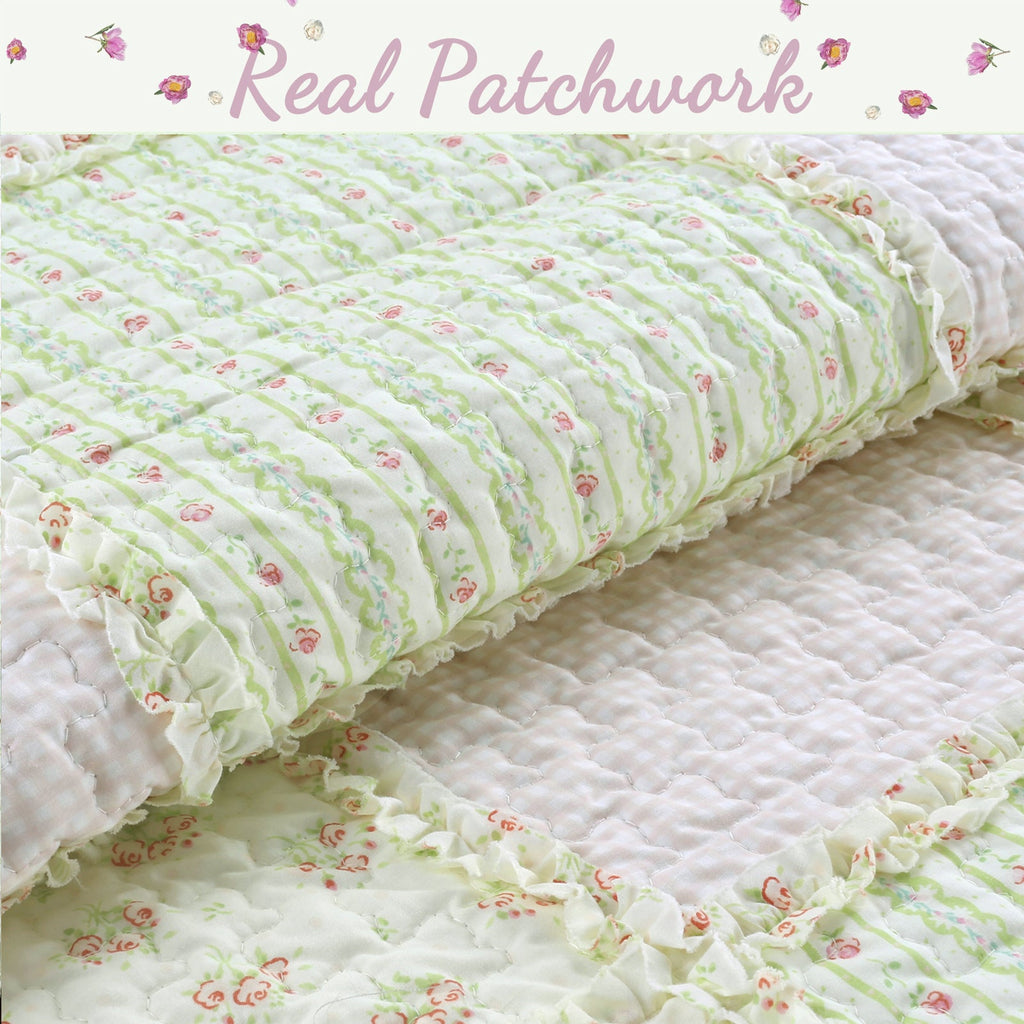 Sweet Peach Pink Floral Ruffle Scalloped Real Patchwork Cotton Reversible Quilt Bedding Set - Fabs things