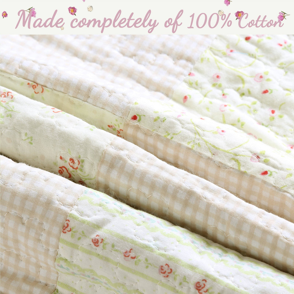 Sweet Peach Pink Floral Ruffle Scalloped Real Patchwork Cotton Reversible Quilt Bedding Set - Fabs things
