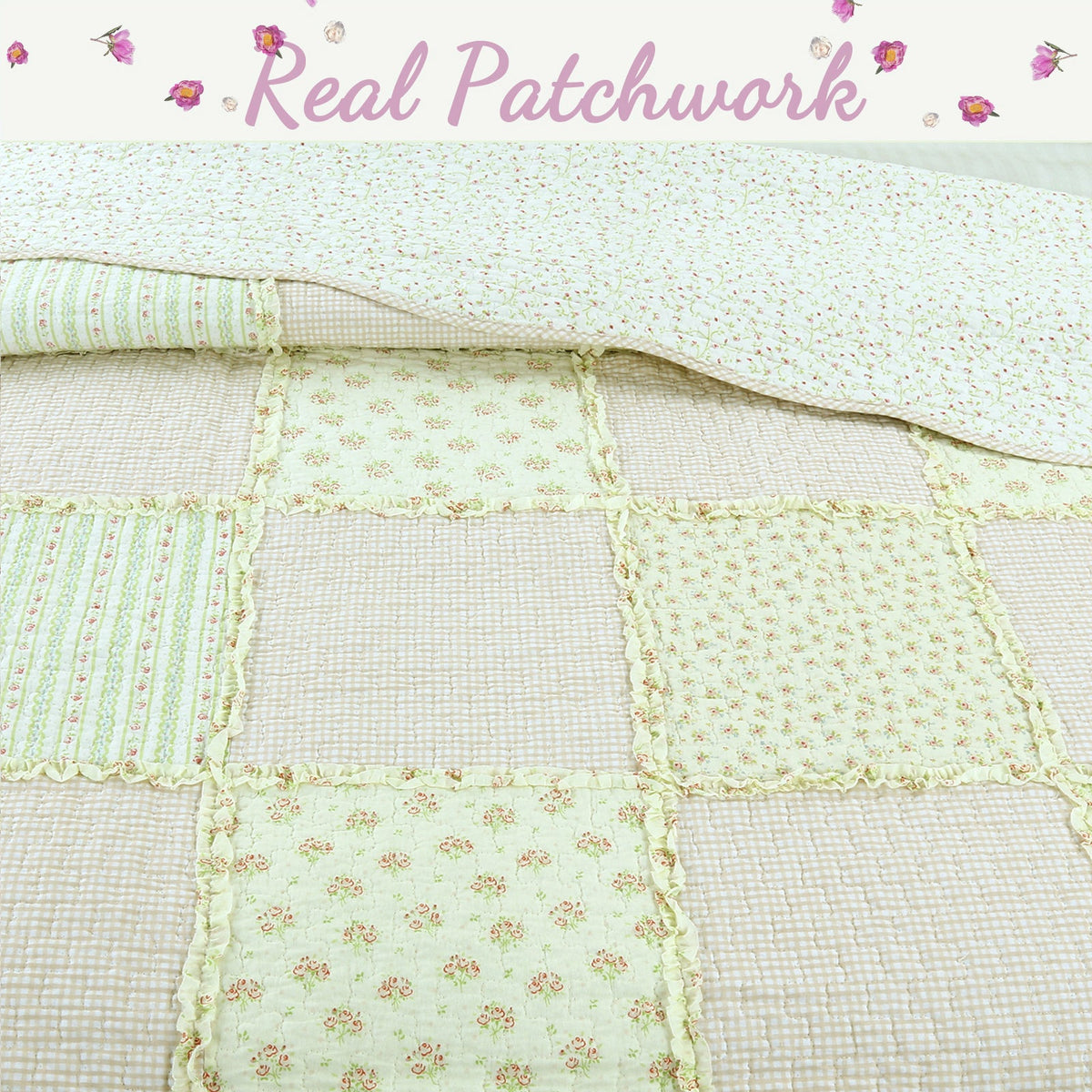 Sweet Peach Pink Floral Ruffle Scalloped Real Patchwork Cotton Reversible Quilt Bedding Set - Fabs things