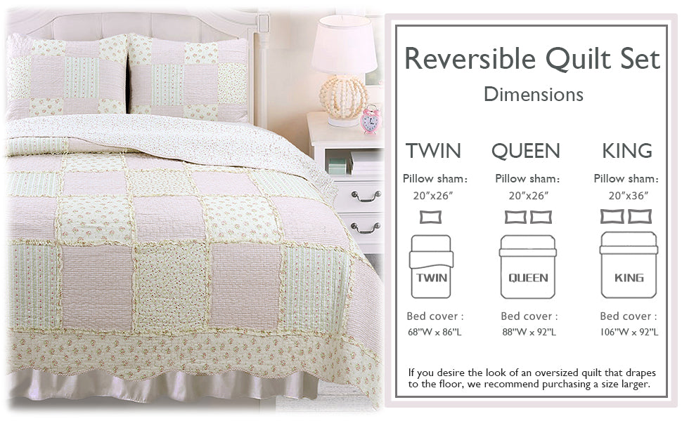 Sweet Peach Pink Floral Ruffle Scalloped Real Patchwork Cotton Reversible Quilt Bedding Set - Fabs things