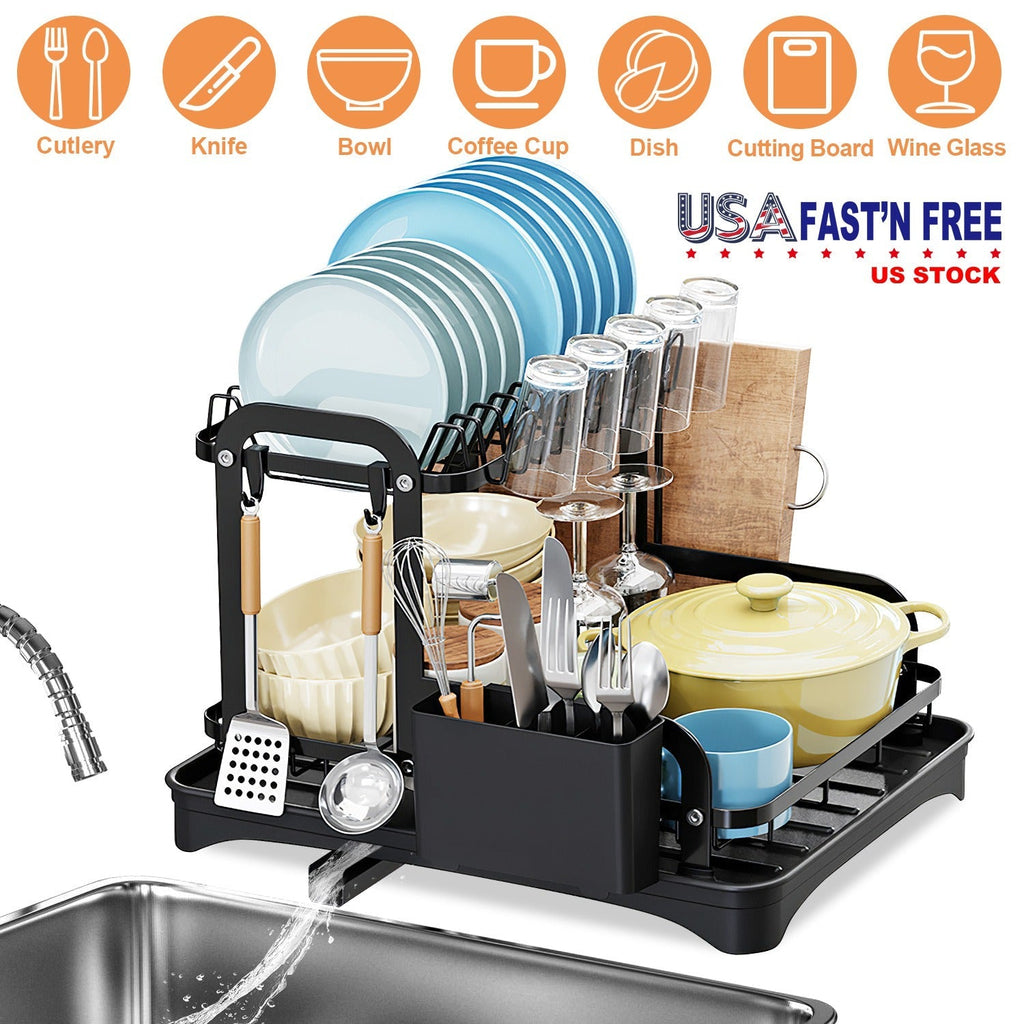 2-Tier Dish Drying Rack for Kitchen Counter Space Saving Rustproof Dish Rack with Drainboard Detachable Kitchen Drainer Organizer Set with Utensil Hol