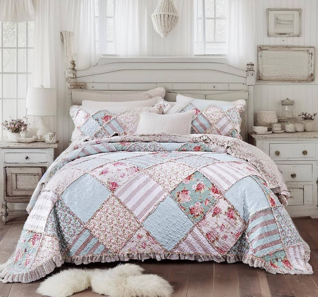 DaDa Bedding Hint of Mint Pastel Cotton Patchwork Quilt Set - Fabs things