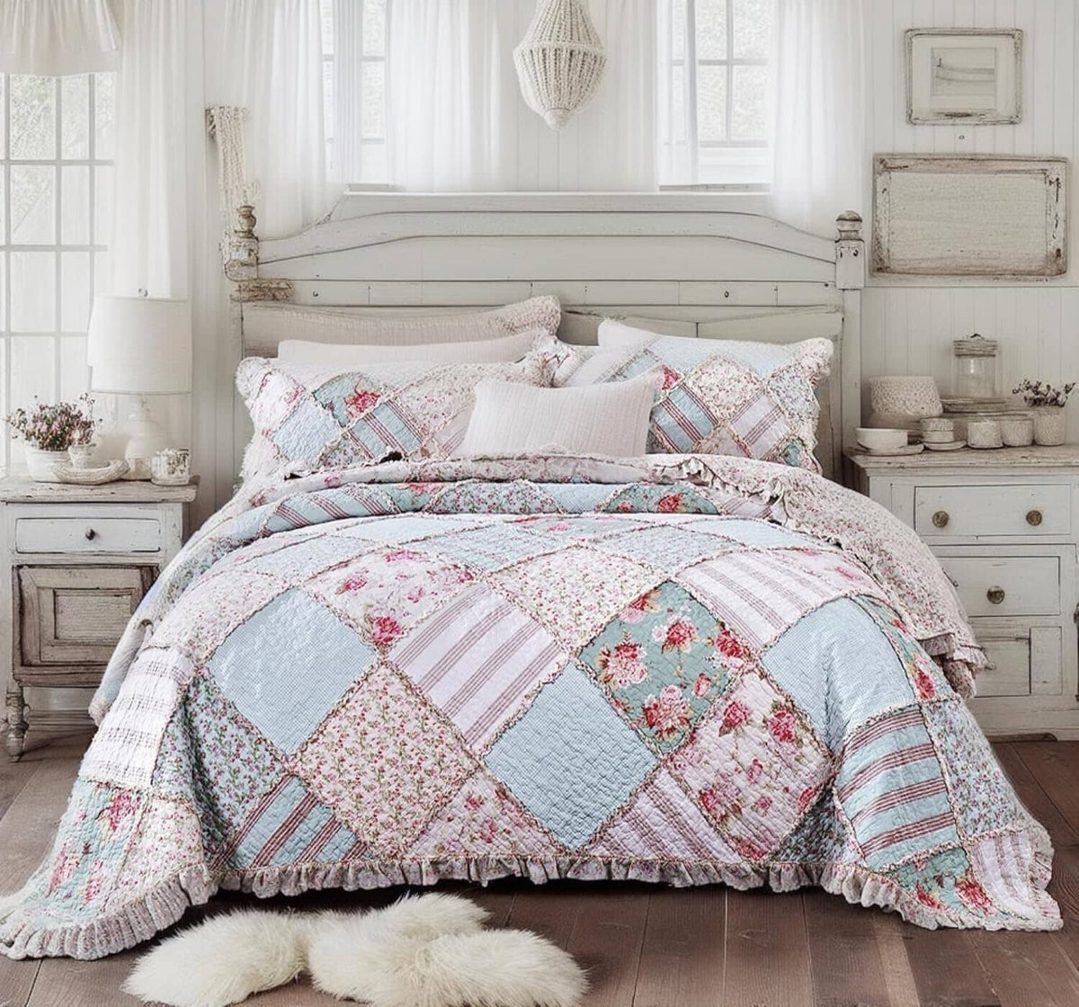 DaDa Bedding Hint of Mint Pastel Cotton Patchwork Quilt Set - Fabs things
