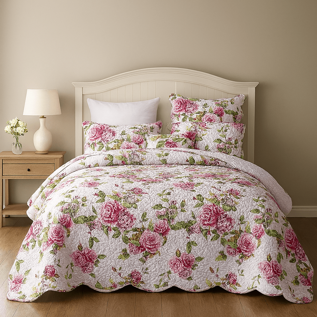 DaDa Bedding Pink Romantic Roses Floral Quilt Set - Fabs things