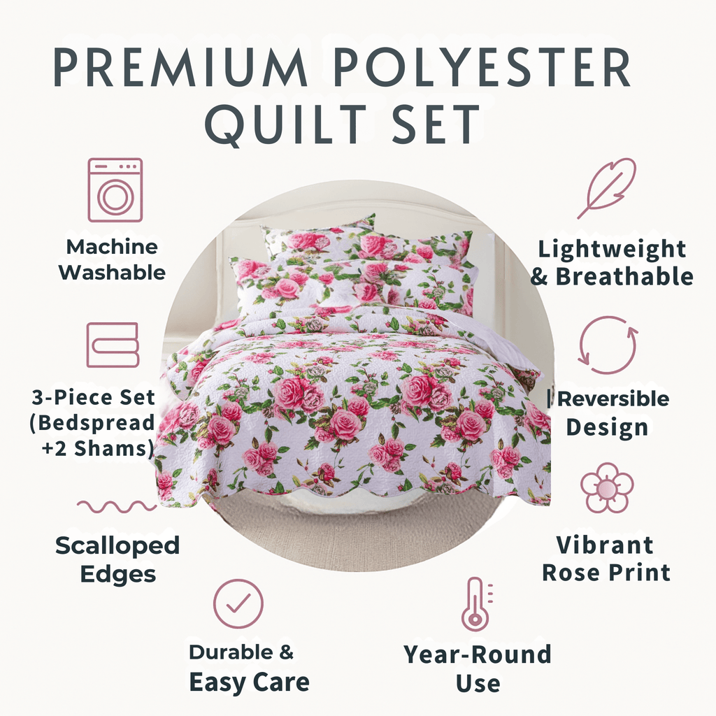 DaDa Bedding Pink Romantic Roses Floral Quilt Set - Fabs things