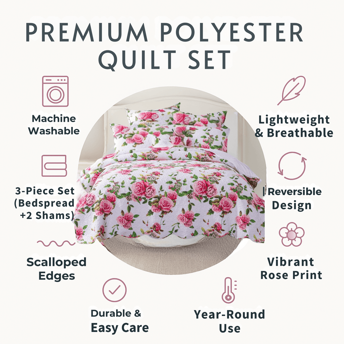 DaDa Bedding Pink Romantic Roses Floral Quilt Set - Fabs things