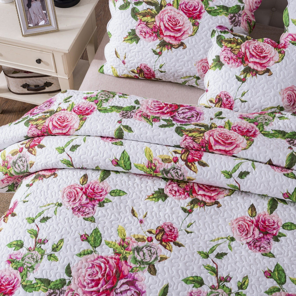 DaDa Bedding Pink Romantic Roses Floral Quilt Set - Fabs things