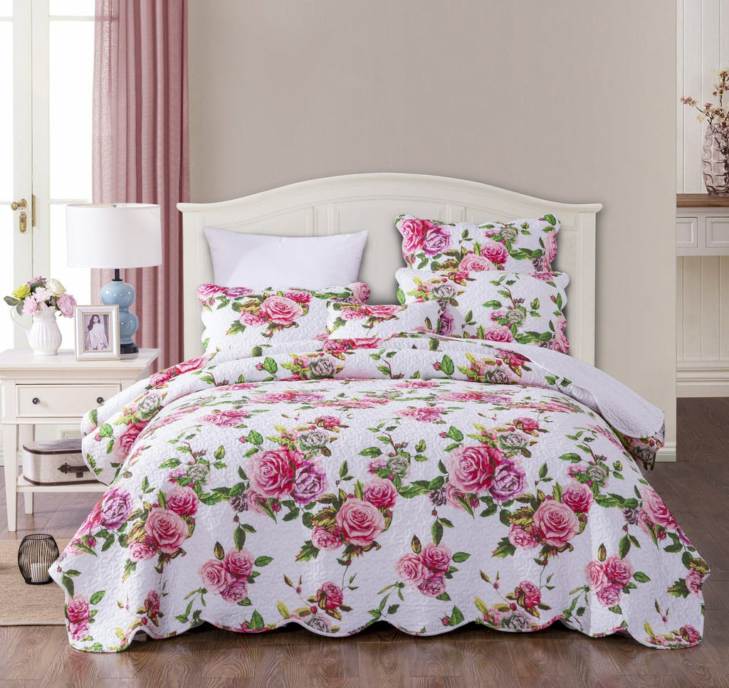 DaDa Bedding Pink Romantic Roses Floral Quilt Set - Fabs things