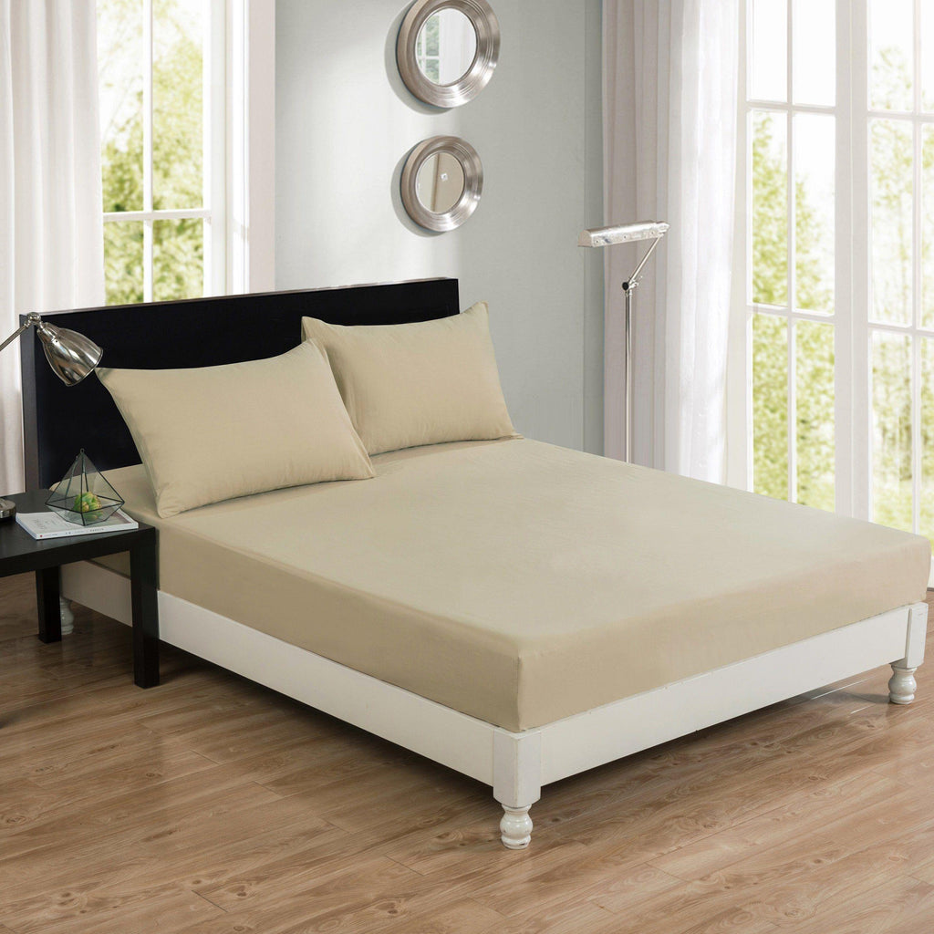 DaDa Bedding Luxury Soft Cotton Beige Fitted Bed Sheet & Pillow Cases Set (JHW-546-Fitted) - Fabs things