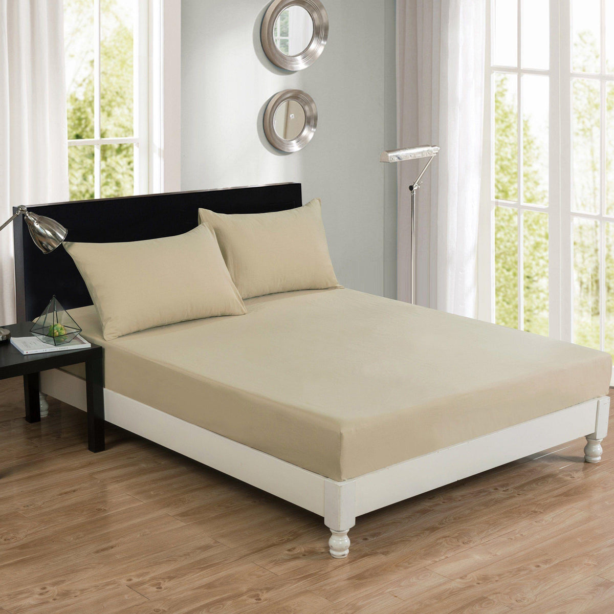 DaDa Bedding Luxury Soft Cotton Beige Fitted Bed Sheet & Pillow Cases Set (JHW-546-Fitted) - Fabs things