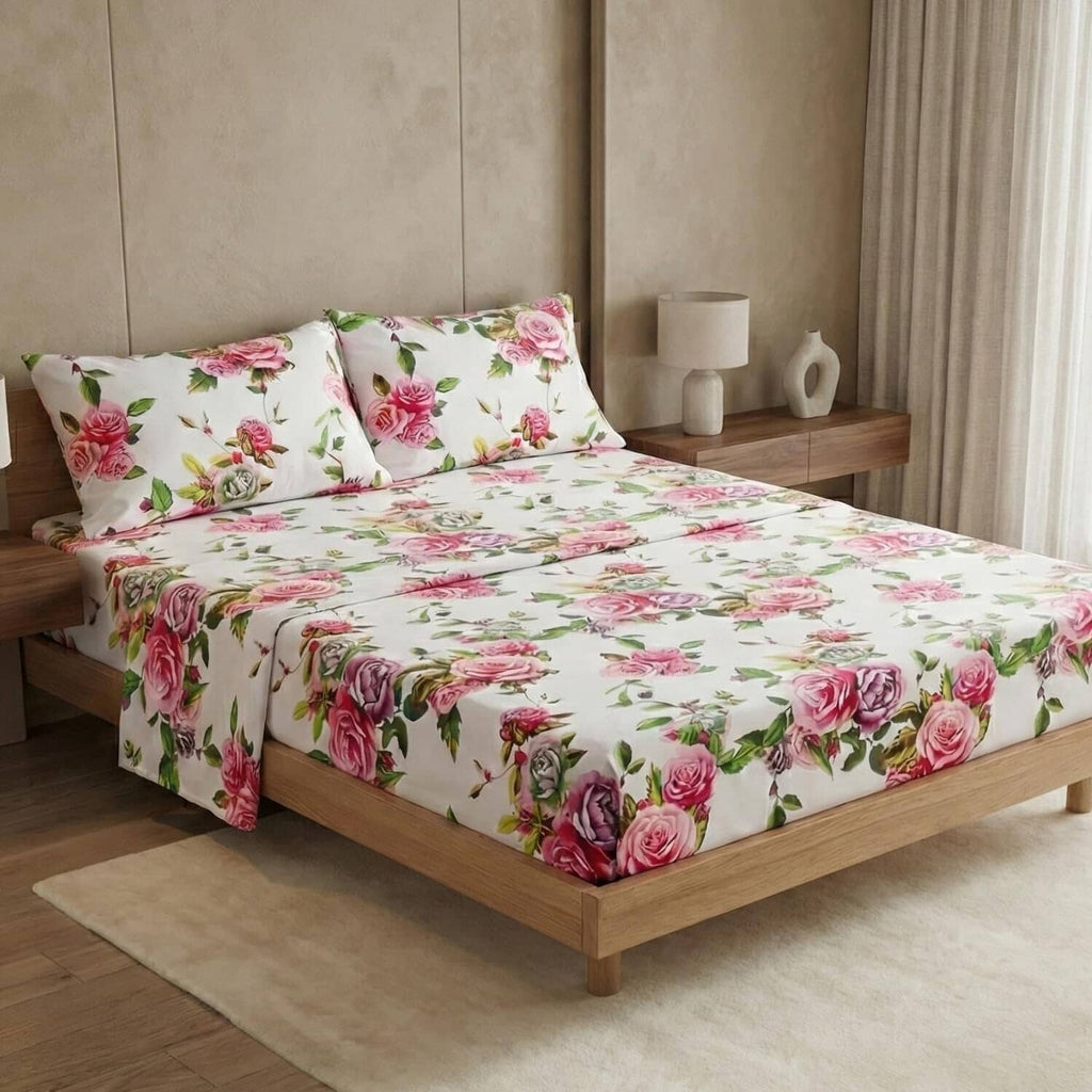 DaDa Bedding Pink Romantic Roses Floral Sheet Set - Fabs things