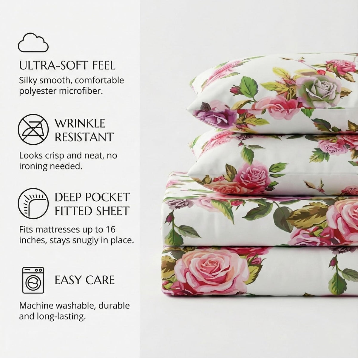 DaDa Bedding Pink Romantic Roses Floral Sheet Set - Fabs things