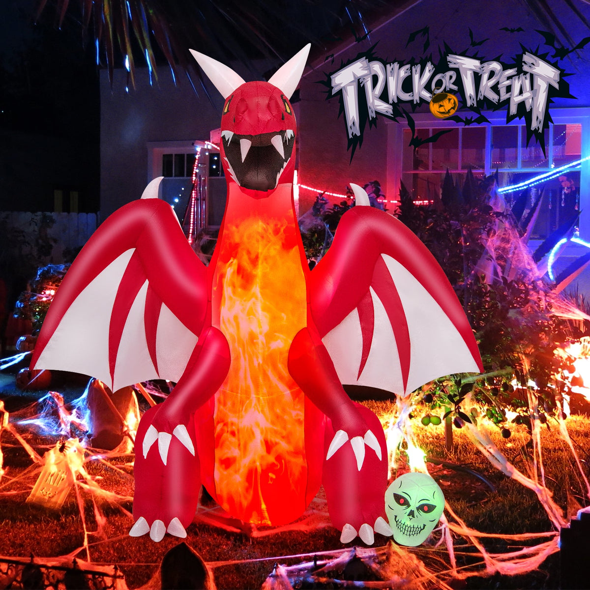 8 Feet Halloween Inflatables Blow-up Red Dragon with Wings Skull - Fabs things