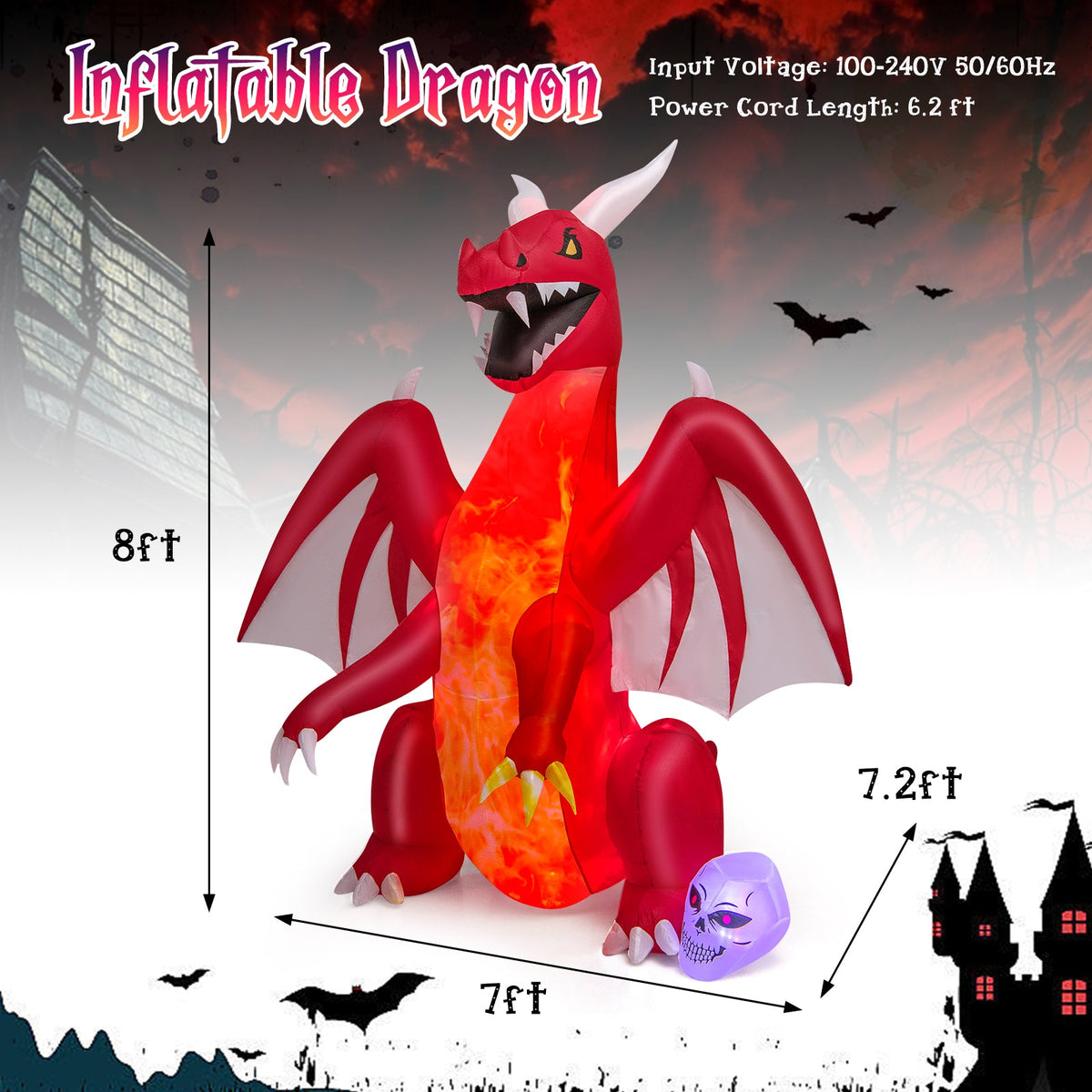 8 Feet Halloween Inflatables Blow-up Red Dragon with Wings Skull - Fabs things