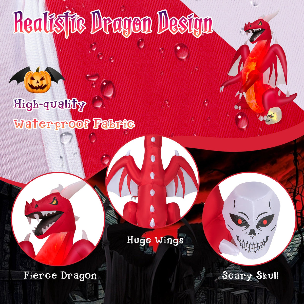 8 Feet Halloween Inflatables Blow-up Red Dragon with Wings Skull - Fabs things