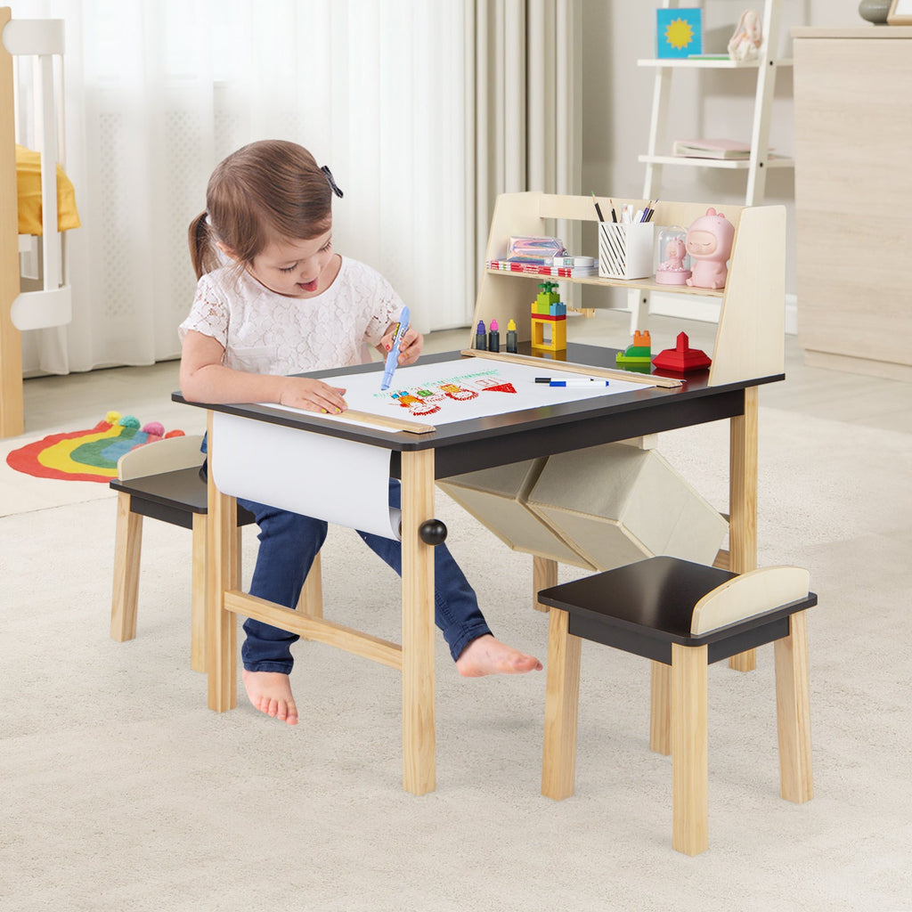 Kids Art Table and Chairs Set with Paper Roll and Storage Bins-Coffee - Fabs things
