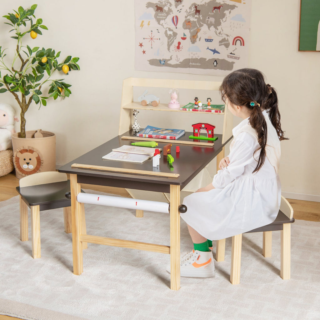 Kids Art Table and Chairs Set with Paper Roll and Storage Bins-Coffee - Fabs things