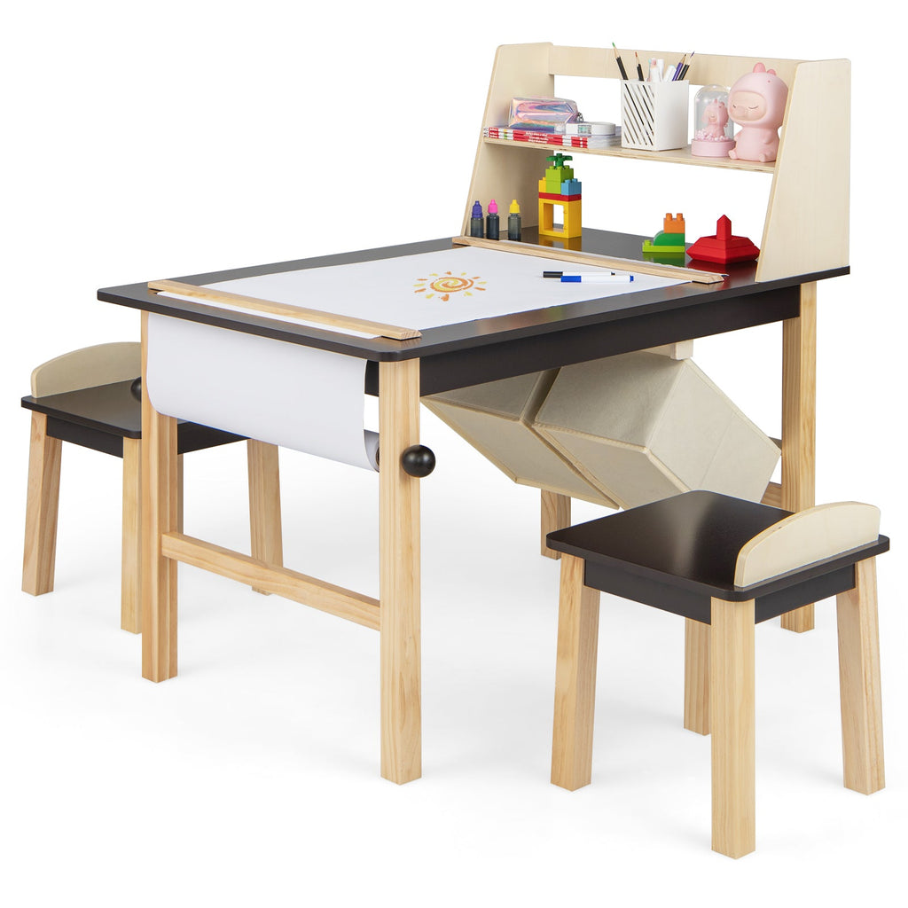 Kids Art Table and Chairs Set with Paper Roll and Storage Bins-Coffee - Fabs things
