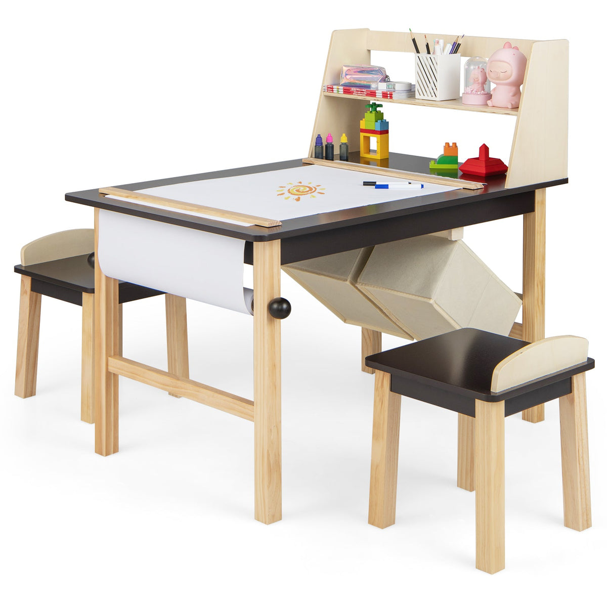 Kids Art Table and Chairs Set with Paper Roll and Storage Bins-Coffee - Fabs things